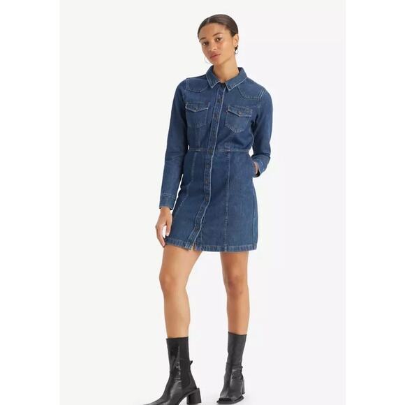 Levi's Flynn Western Dress Women's Size XL Blue Denim Button Front‎ Pockets - Picture 1 of 10